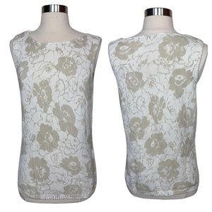 Eddie Bauer Cotton Knit Floral Print Cream Tan Scoop Neck Sweater Vest Medium